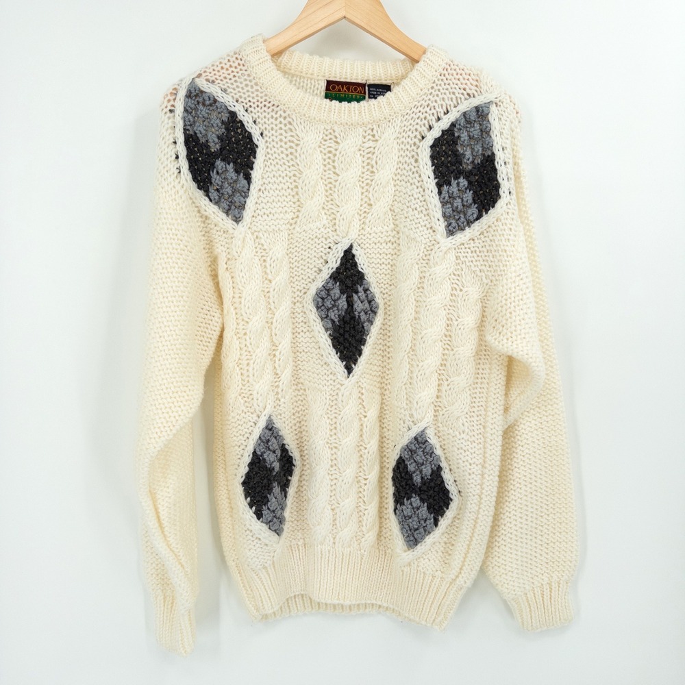 Vintage Chunky Cream Cable Knit Sweater Womens M 90s Grandpa Indie Oversized‎
